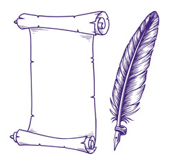 Vintage scroll and quill pen vector illustration featuring a classic engraved style