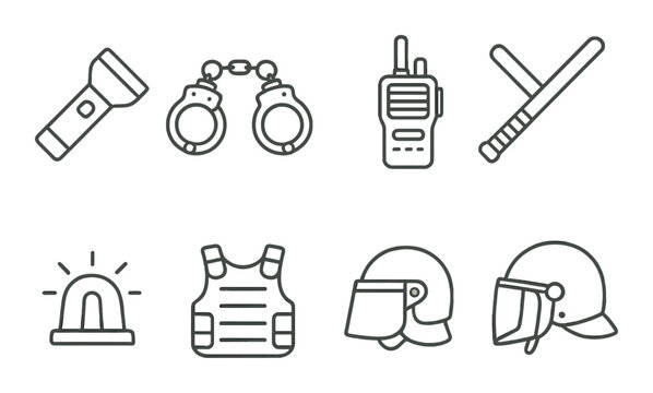 Police equipment icons featuring flashlight, handcuffs, radio, baton, siren, vest, helmet