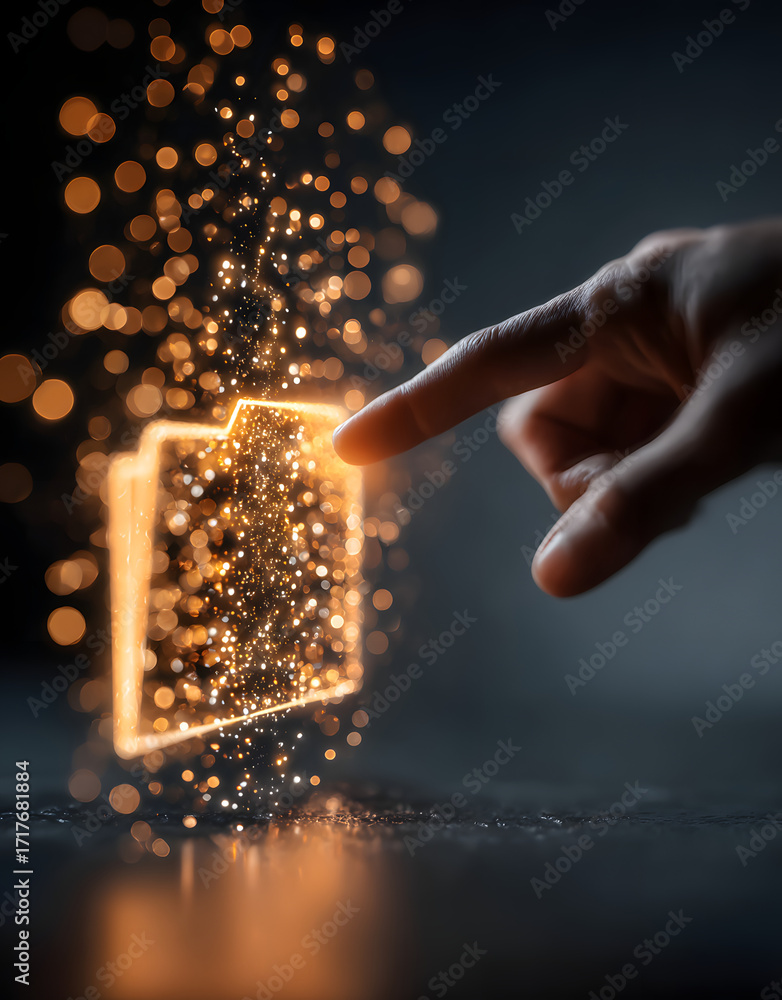 Poster the future of data management is represented by a finger touching a glowing folder icon, showcasing 