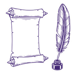 Vintage scroll with pen and inkwell illustration depicting writing and old documents