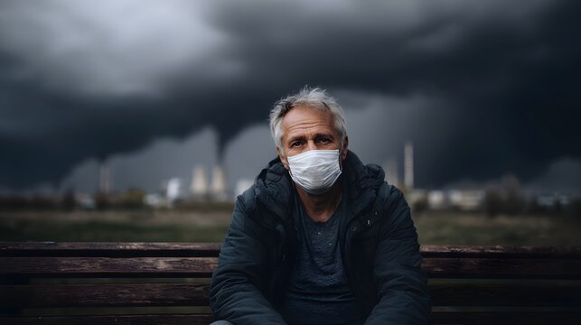 Elderly man in face mask sits on bench against stormy sky and industrial background - Powered by Adobe