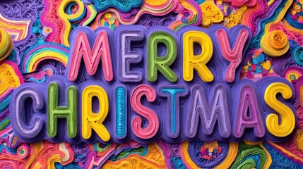 Colorful Merry Christmas Text with Vibrant Swirls Background