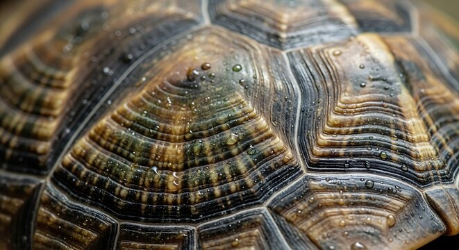 Close-up of a Tortoise Shell with Water Droplets in Natural Light