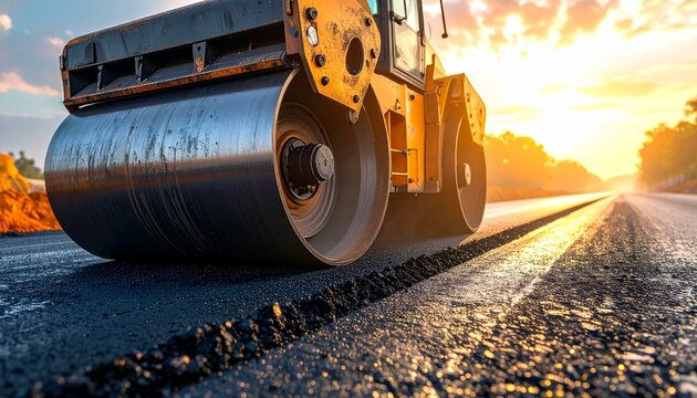 Road roller compacting asphalt at sunset