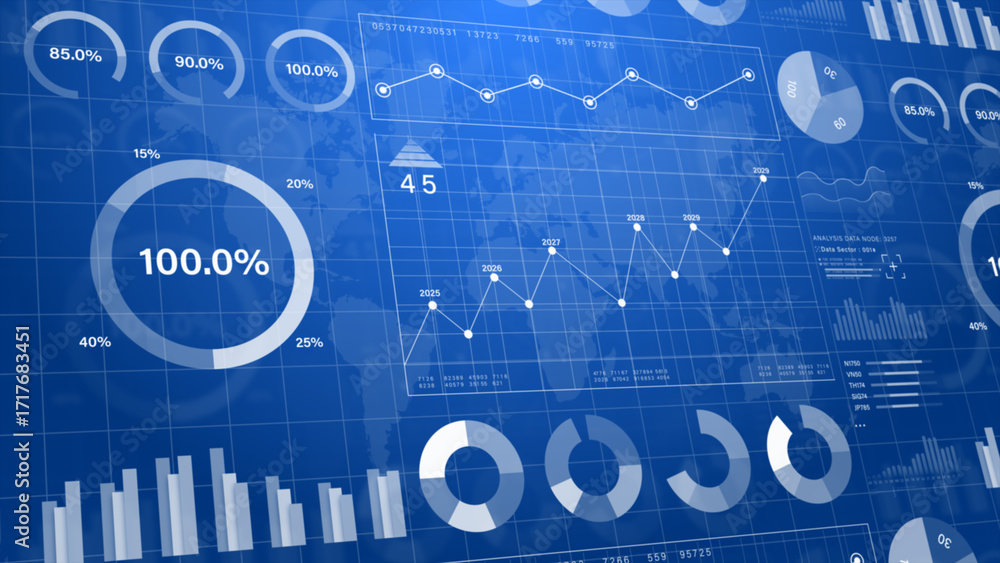 Poster digital analytics dashboard interface with business charts, graphs, and financial data visualization