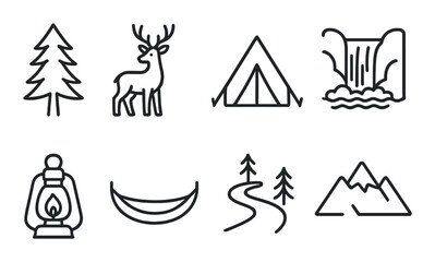 Outline icons: camping gear, deer, tent, waterfall, pine trees, lantern, hammock, mountain