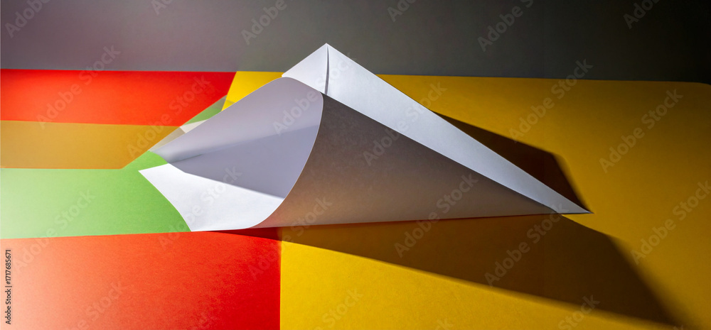 Poster a minimalist shot of a white paper cone on a vibrant color-blocked background, creating dynamic line