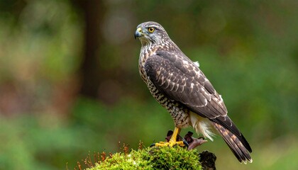 Obraz premium Hawk perched on moss-covered surface with sharp beak, yellow talons, and brown plumage with light streaks, set against blurred green foliage—highlighting strength, focus, and the elegance of wildlife 