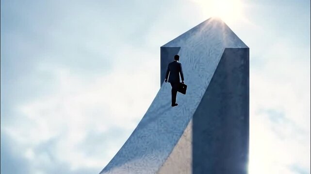 Businessman walking on arrow towards bright future success goal