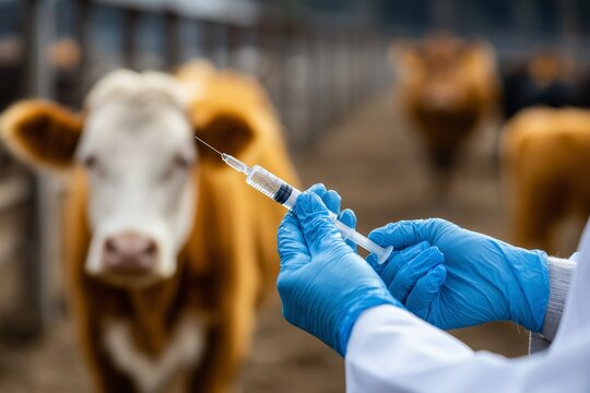 Veterinarian injecting a vaccine into a cow for bluetongue prevention on a farm