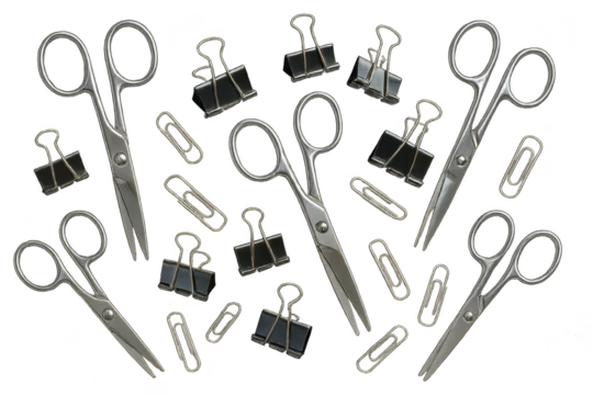 Shiny metal scissors, black binder clips, and paper clips isolated on transparent background.