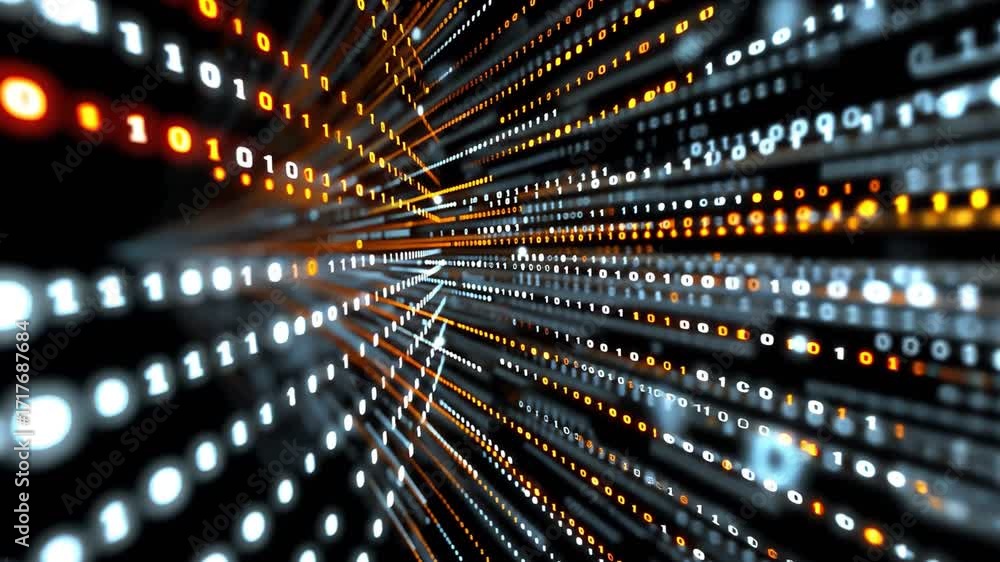 Poster dynamic visualization of data transformation in a network, showcasing glowing lines and dots that re