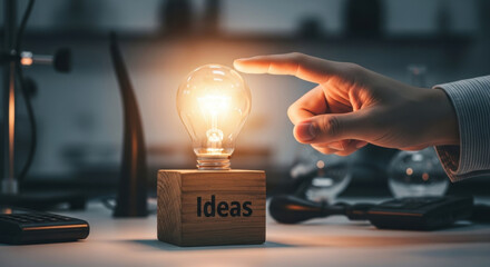 Hand Touching on Light Bulb Icon Placed on Wooden Block with the Word Ideas, Representing New Idea Concept with Innovation, Inspiration, and Creative Thinking in Modern Technology, Science, and Commun