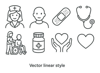 Healthcare icons: nurse, patient, medicine, care, heart