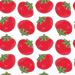 Vector seamless pattern of bright red tomatoes, all objects hand-drawn in vector. The illustration is suitable for printing on kitchen textiles, food packaging, for design. Vector