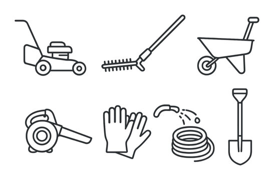 Gardening tools icons: lawnmower, rake, wheelbarrow, leaf blower, gloves, hose, shovel