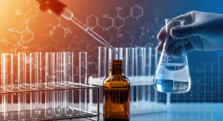 Precision in Progress A Gloved Hand Conducts Chemical Analysis Amid Molecular Structures and the Periodic Table in a Modern Laboratory Setting