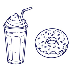 Hand drawn illustration of a milkshake and a donut with colorful sprinkles on white background