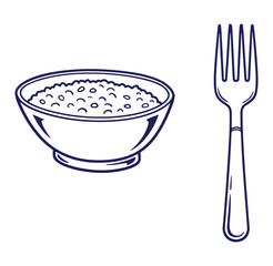 Simple hand drawn illustration of a bowl of rice and a fork on a white background