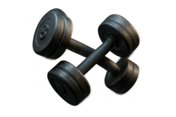 Pair of heavy black dumbbells for strength training on transparent background