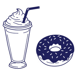 Simple vector illustration of a delicious milkshake and a sweet glazed donut dessert