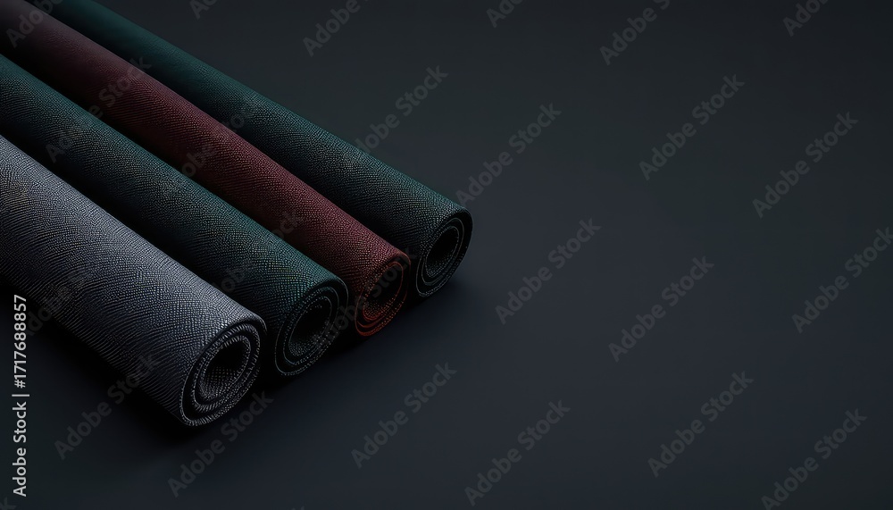 Poster rolled textured surface with muted colors on a dark smooth plane with copy space on the right