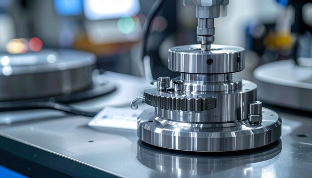 Close-up of precision rotary encoder and gear assembly on metallic base, surrounded by cylindrical components and digital instruments in blurred industrial lab setting.
