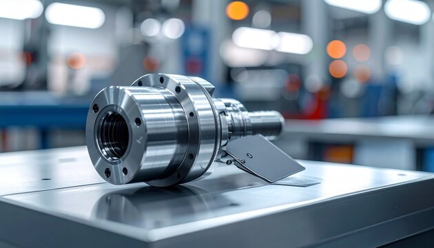 Close-up of precision rotary encoder and gear assembly on metallic base, surrounded by cylindrical components and digital instruments in blurred industrial lab setting.
