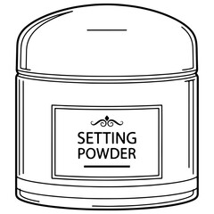 Monochrome Vector Icon of Setting Powder Jar. Loose Makeup Cosmetic Packaging Illustration with Clean Lines and Elegant Label Design. 