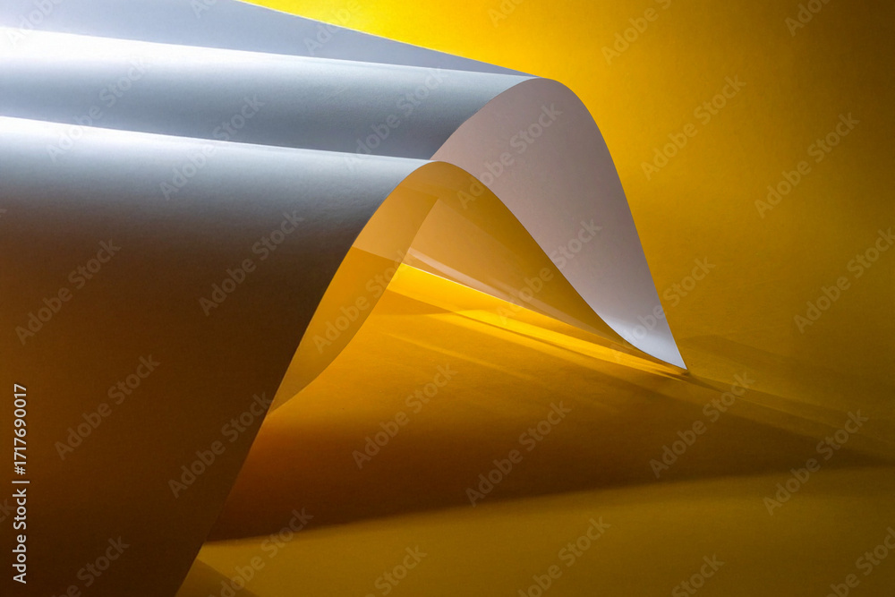 Poster dynamic curves of white paper on a vibrant yellow background create a fluid, architectural abstract 