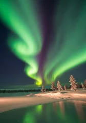 Poster Reflectie A breathtaking aurora borealis display over a serene winter landscape, showcasing vibrant green and purple hues reflected on a frozen lake.  © Rio