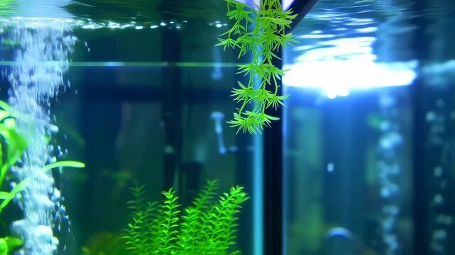 Aquarium with bubbling water and aquatic plants