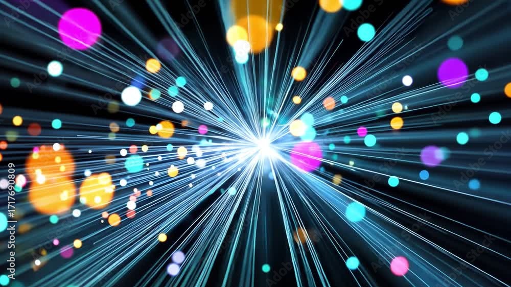 Poster a vibrant burst of colorful light particles radiates dynamically across a dark background, creating 