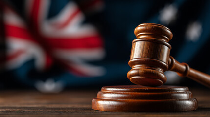 Judge gavel on the desk on background of Australia flag. Law and justice concept