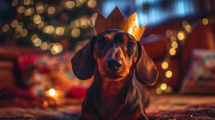 Crown-Worthy Celebration: Adorable Dachshund King at Cozy Holiday Party with Warm Bokeh Lights