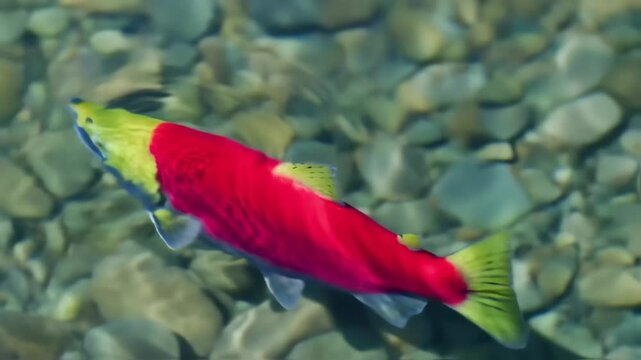 Red fish swimming in clear water over rocks