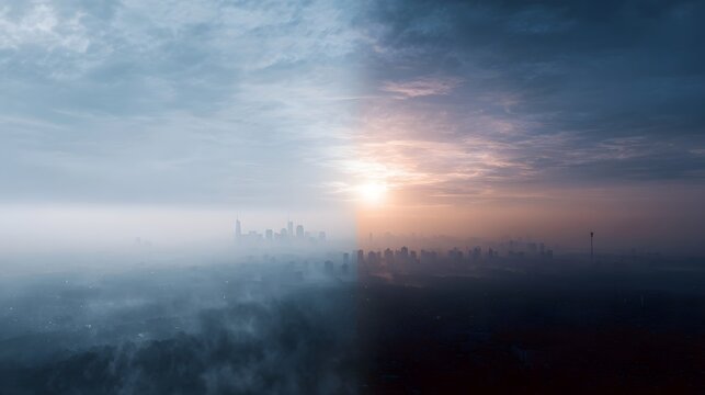 Split cityscape showing a foggy hazy morning on one side and a vibrant sunset on the other representing environmental contrast