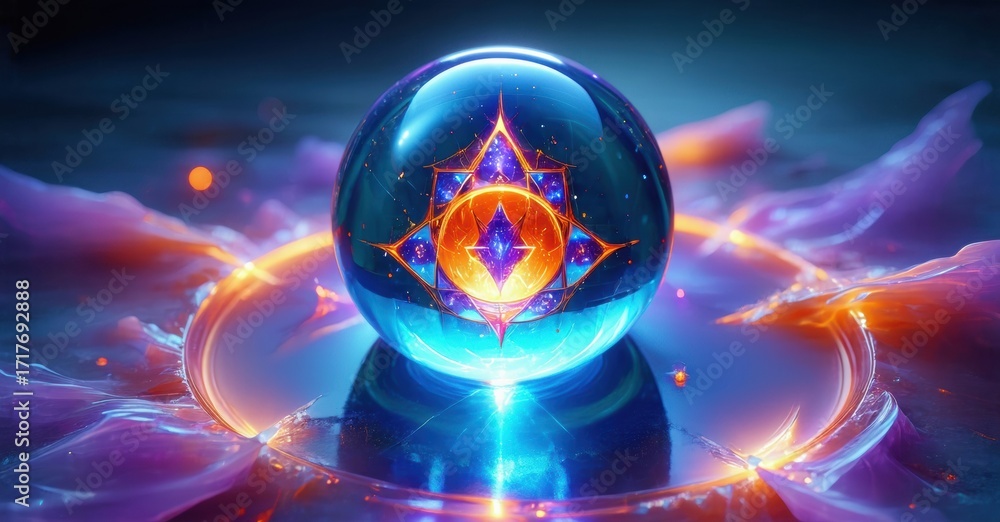 Aufkleber glowing orb radiates energy. vibrant colors blend, creating mystical atmosphere. reflective surface 