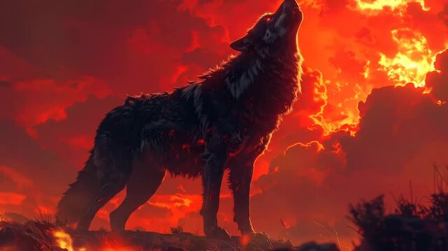 Howling Wolf Silhouette Against Fiery Red Sky and Clouds