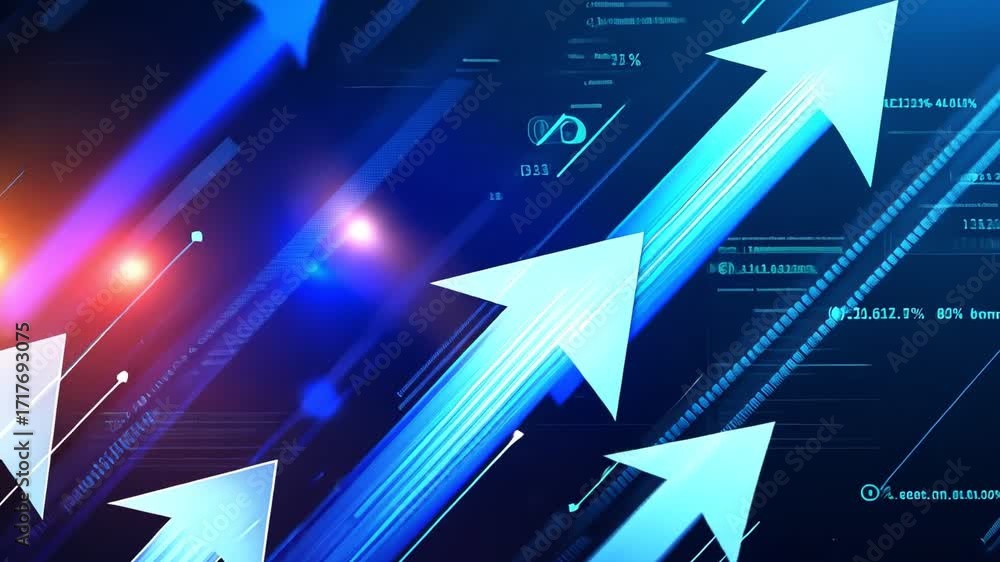 Poster an abstract digital background featuring dynamic upward arrows symbolizing growth, progress, and inn