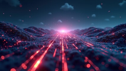 Abstract Digital Landscape with Glowing Textures and Light Rays