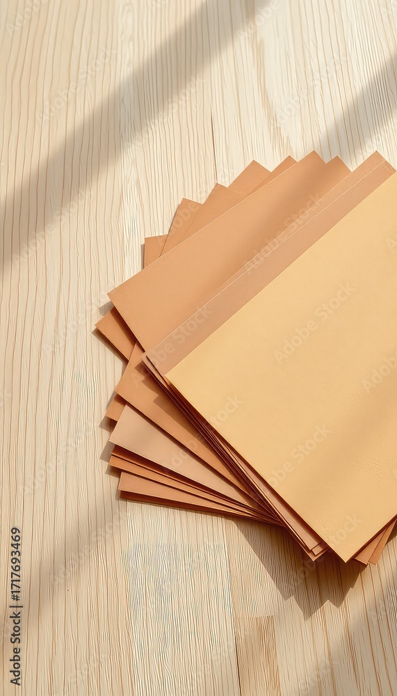 Poster tan sheets stacked neatly on a wooden surface creating an aesthetic backdrop with natural sunlight