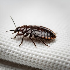 Obraz premium Close-up of a dark brown bed bug on a white knitted fabric surface.