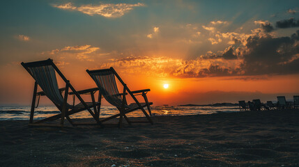 Silhouette of a deck chairs on the beach against the sunset