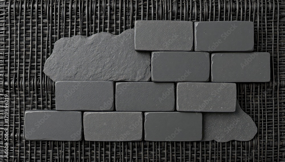 Aufkleber monochromatic presentation of stacked slate tiles and uneven pieces on woven dark background showcas