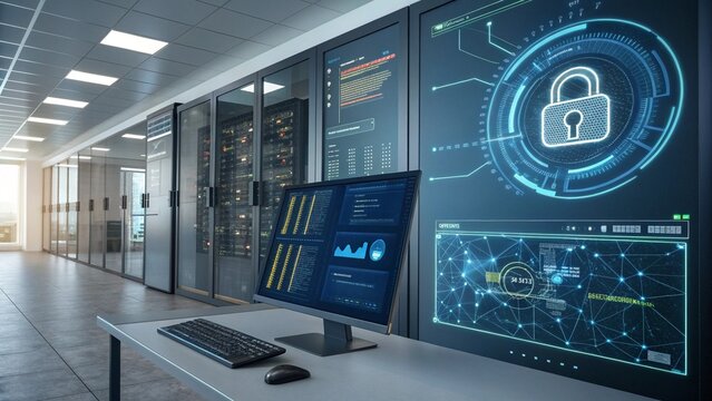 Computer network server room interior with technology and data systems