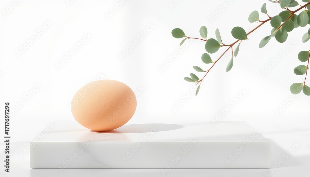 Poster minimal composition with peach sphere, light marble stand and botanical element creating depth and b