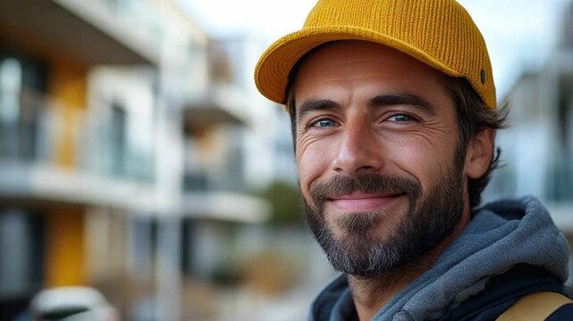 Smiling Service Provider: A close-up shot captures a service provider, his eyes sparkling with warmth and his face reflecting his dedication, framed by a modern building backdrop.