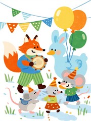 Fototapeta premium Cartoon animals celebrating with balloons, party hats, and music in a festive outdoor scene