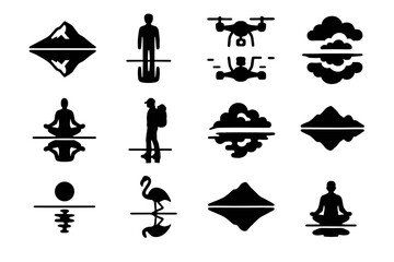 Flamingo reflections icon reflected vector flat mountain pose backpacker peak mirrored salt